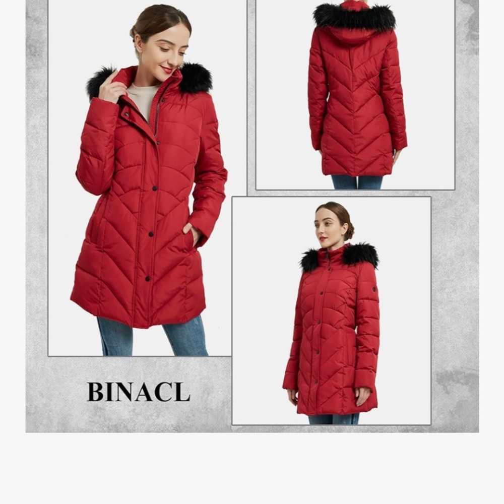 Women's Red Puffer Jacket with Faux Fur Hood